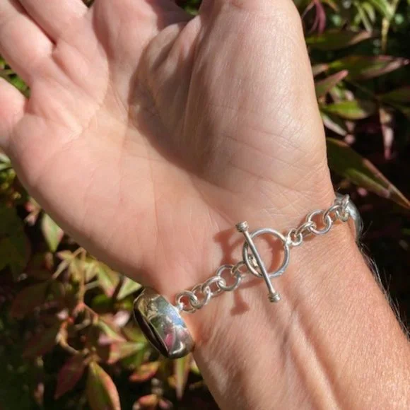 VTG 925 Silver Black Onyx Oval Stones Toggle BRACELET - Picture 4 of 7